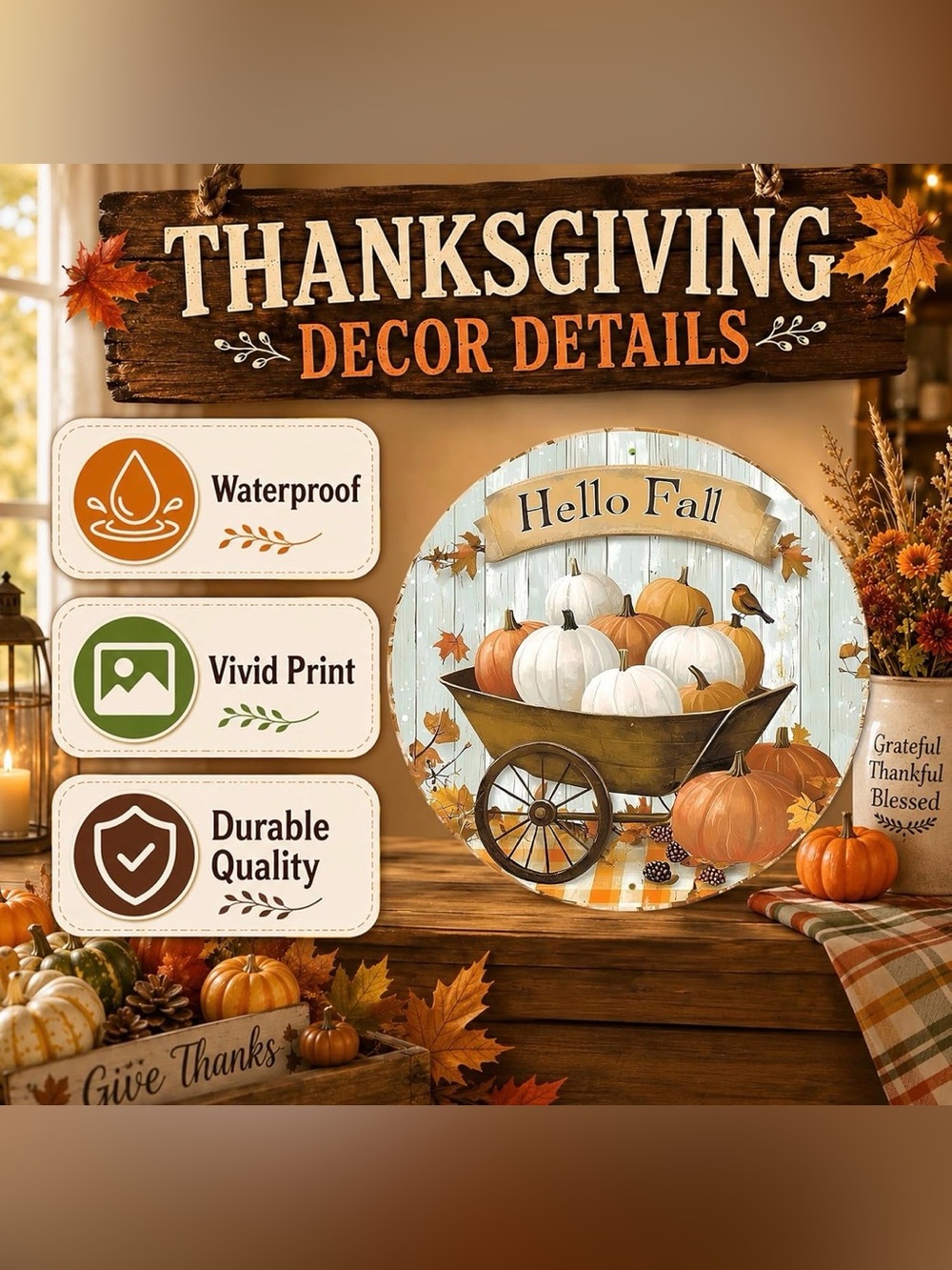 ✴️New✴️”Hello Fall” Pumpkin Wheelbarrow Metal Wall Sign